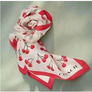 Coach Cherry Swirl Silk Square Scarf White Red 35x35 Neck Head Wrap